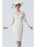 Mother of the Bride Dress Vintage Plus Size Elegant Knee Length Satin Lace Long Sleeve with Lace