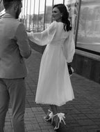 Reception Little White Dresses Wedding Dresses A-Line V Neck Long Sleeve Ankle Length Chiffon Bridal Gowns With Solid Color