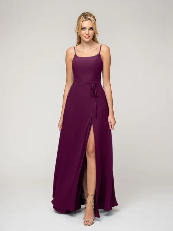 Bridesmaid Dresses A Line Chiffon With Belt Slit Scoop Neckline Elegant For Bridesmaids