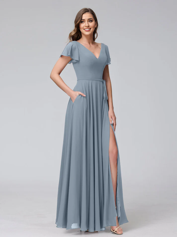 Satin Short-Sleeve V-Neck Ruched Bodice High-Slit A-Line Floor-Length Burgundy Romantic Bridesmaid Dress