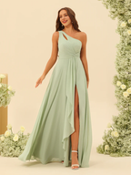 Chiffon One-Shoulder Ruched Bodice High-Slit A-Line Floor-Length Bridesmaid Dresses