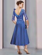 A-Line Mother of the Bride Dress Formal Church Party Elegant Satin Lace Half Sleeve with Sash Ribbon Bow(s)