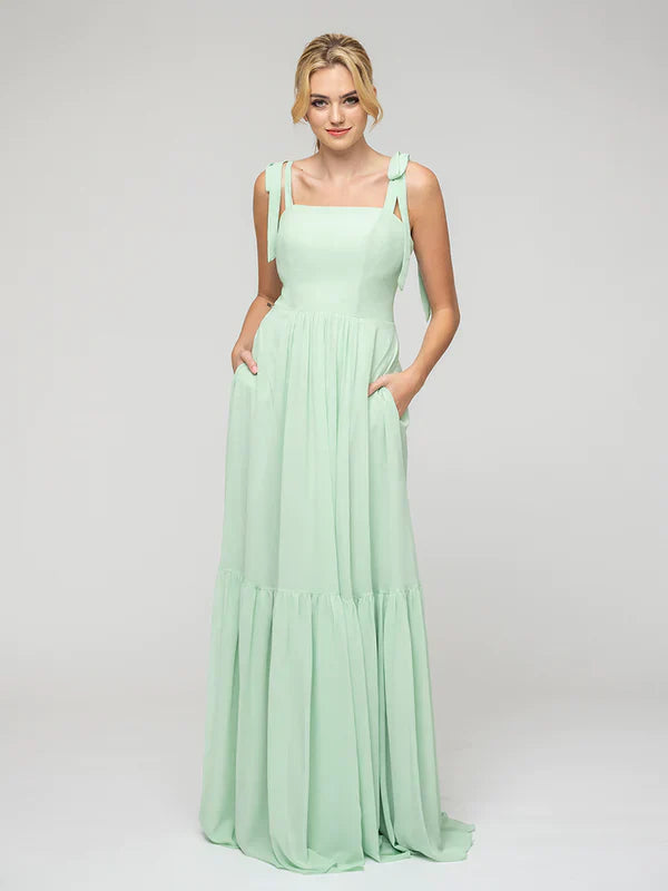 Bridesmaid Dresses Open Back Chiffon Tiered Smock Tied Strap Design For Bridesmaids