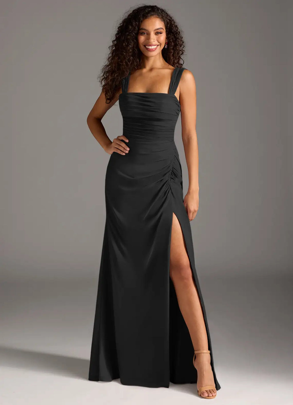 Elegant Bridesmaid Dress with Square Neckline, Tie-Back and Ruched Side