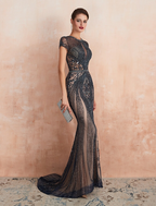Evening Gown Luxurious Dress Engagement Short Sleeve Jewel Neck Tulle with Beading