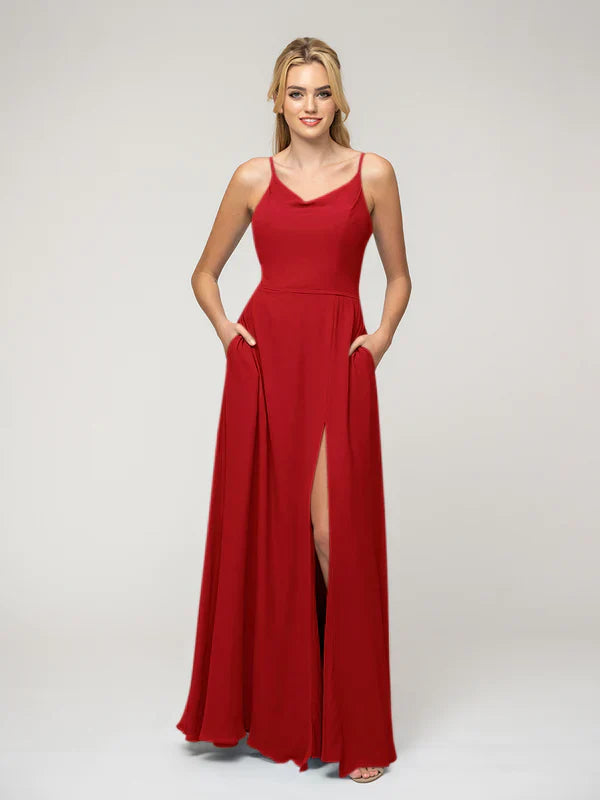 Bridesmaids Dress A Line Chiffon Cowl Neck Spaghetti Straps Elegant Wedding Party Gown