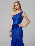 Elegant Dress Holiday Floor Length Sleeveless One Shoulder Lace Over Tulle with