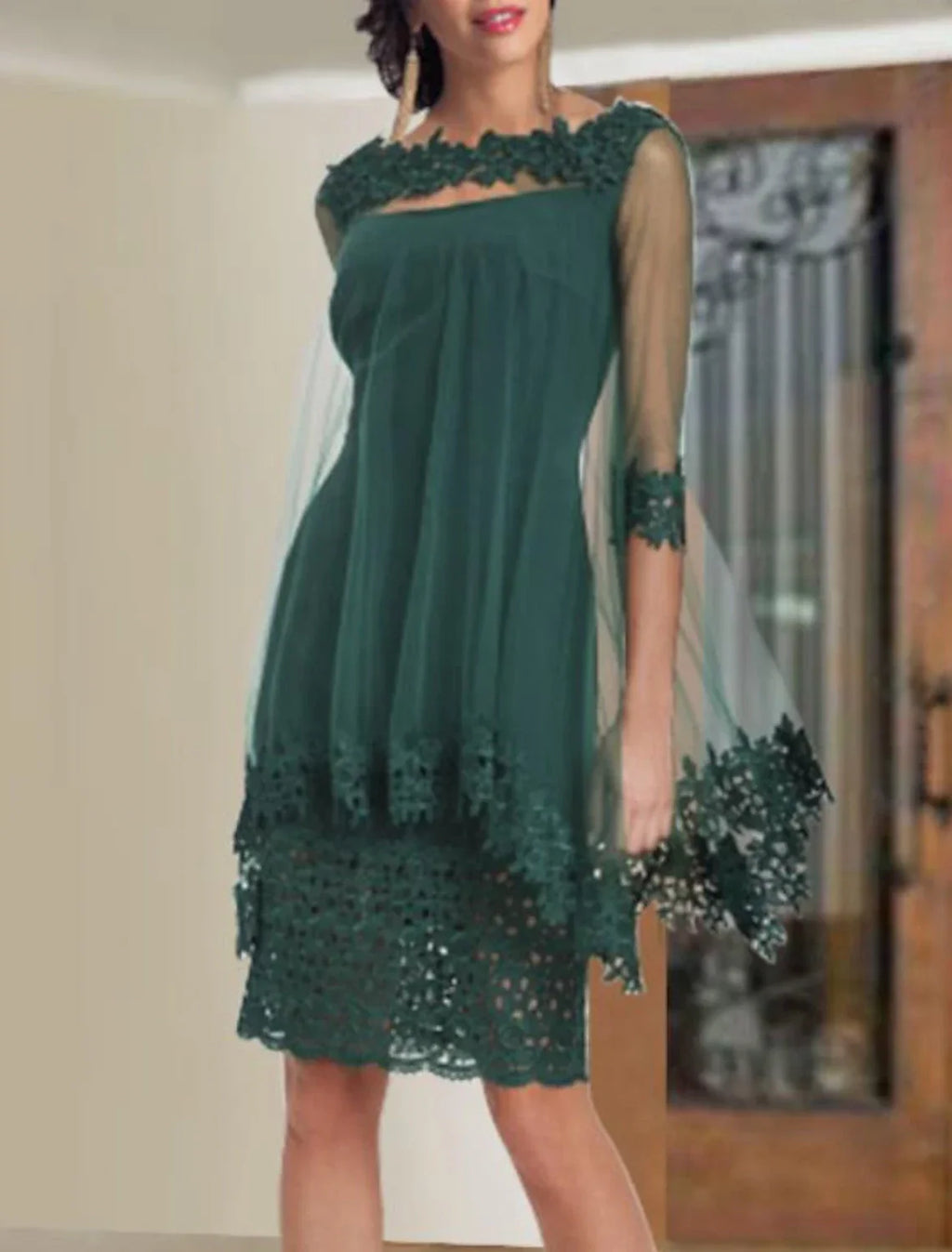 Two Piece Mother Of The Bride Dress Sheath Column Gown With Wrap Included Chiffon Lace Square Neck Half Sleeve Appliques