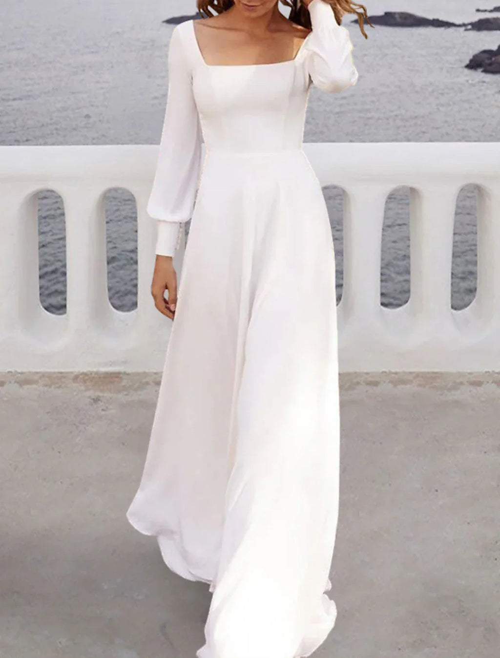 Elegant Beach Wedding Dresses A Line Square Neck Long Sleeve Chiffon Gown With Sweep Train For Brides To Be