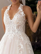 Beach Open Back Wedding Dress A Line Halter Neck Sleeveless Elegant Lace Gown With Pleats And Appliques For Beach Brides