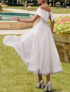 Little White Wedding Dress Satin Tea Length Off Shoulder Cap Sleeve Gown For Bride With Romantic Sash