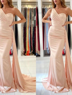 Mermaid Bridesmaid Dress Or Trumpet Style One Shoulder Sleeveless Chiffon Draping Elegant Court Train For Bridesmaids