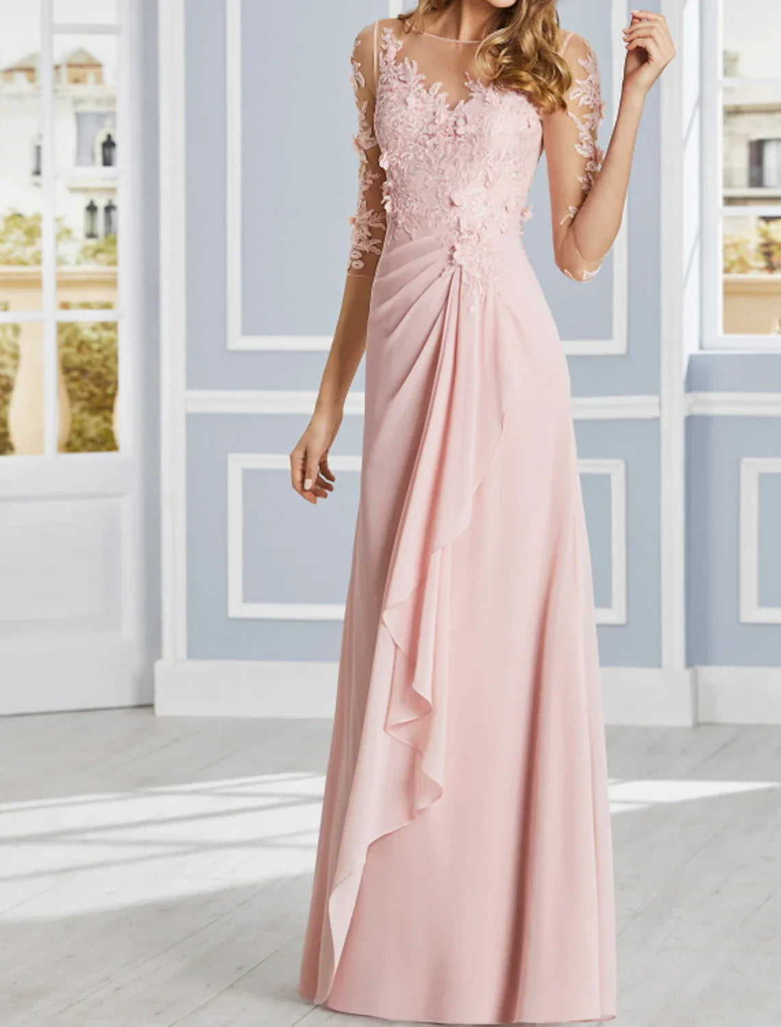 Lux Floral Illusion Neck Floor Length Sheath Evening Dress For Brides Engagement Gown With Ruffles Appliques