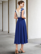 A-Line Mother of the Bride Dress Plus Size Elegant V Neck   Chiffon Lace Cap Sleeve with Appliques Side-Draped