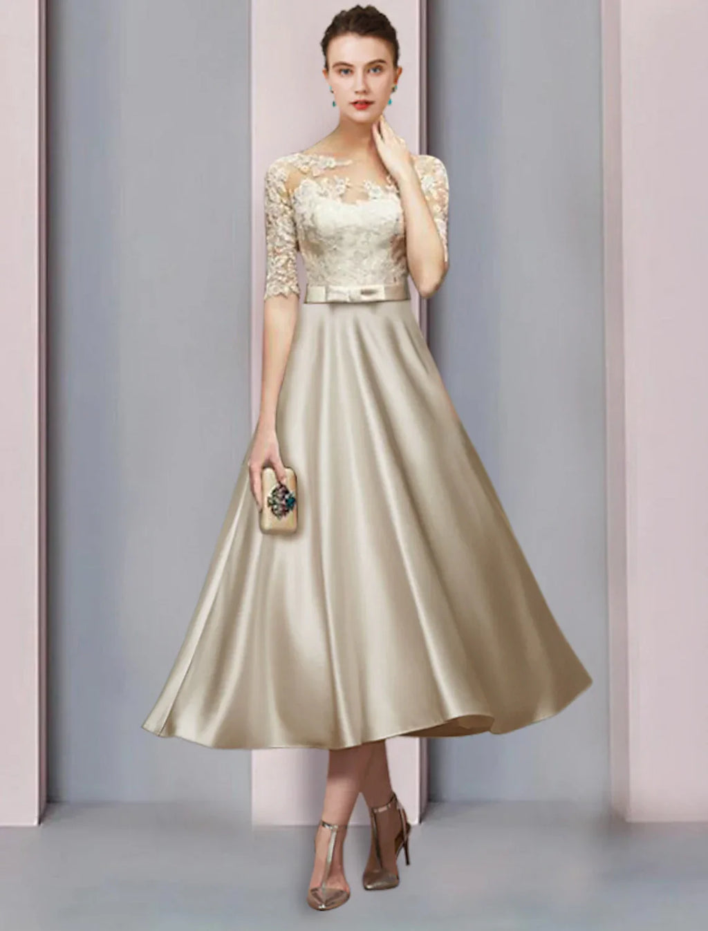 Mother Of The Bride Dress Satin Lace Tea Length Sheath Elegant Scoop Neck Half Sleeve Bow Pleats