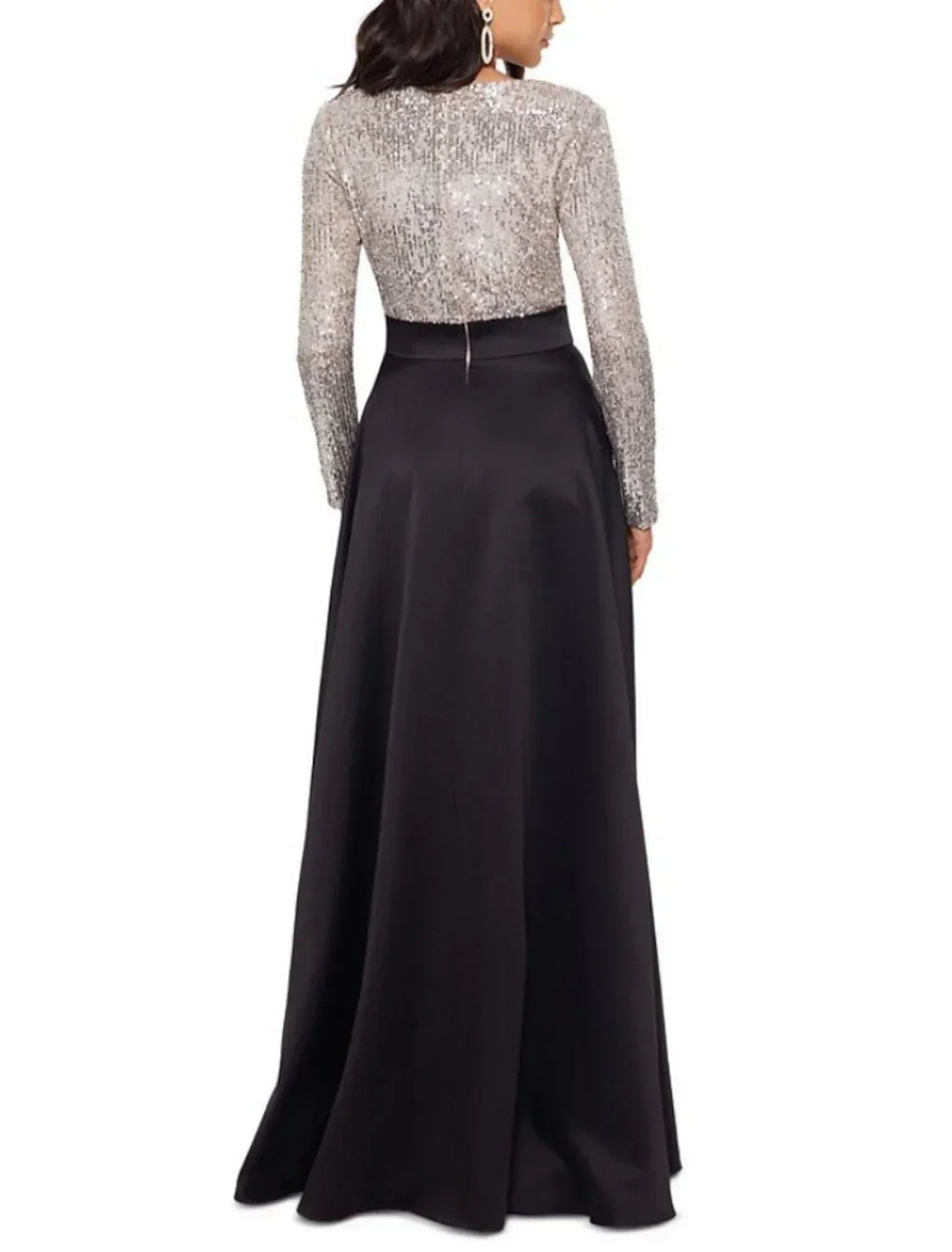Elegant Mother Of The Bride Dress Satin Sequin Gown Sheath Column Silhouette V Neck Long Sleeve Floor Length Shine