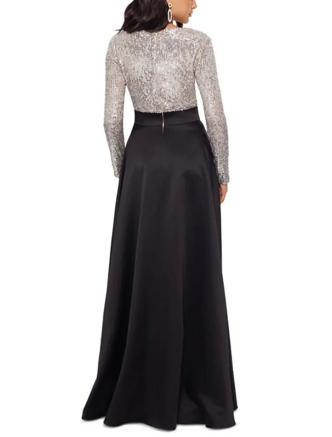 Elegant Mother Of The Bride Dress Satin Sequin Gown Sheath Column Silhouette V Neck Long Sleeve Floor Length Shine