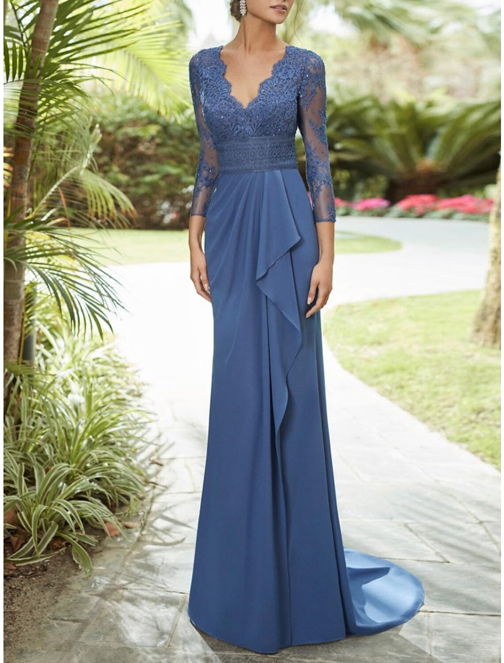 Mother Of The Bride Dress For Fall Weddings Elegant V Neck Chiffon Lace Sweep Train Three Fourth Sleeve Sequin Ruffles