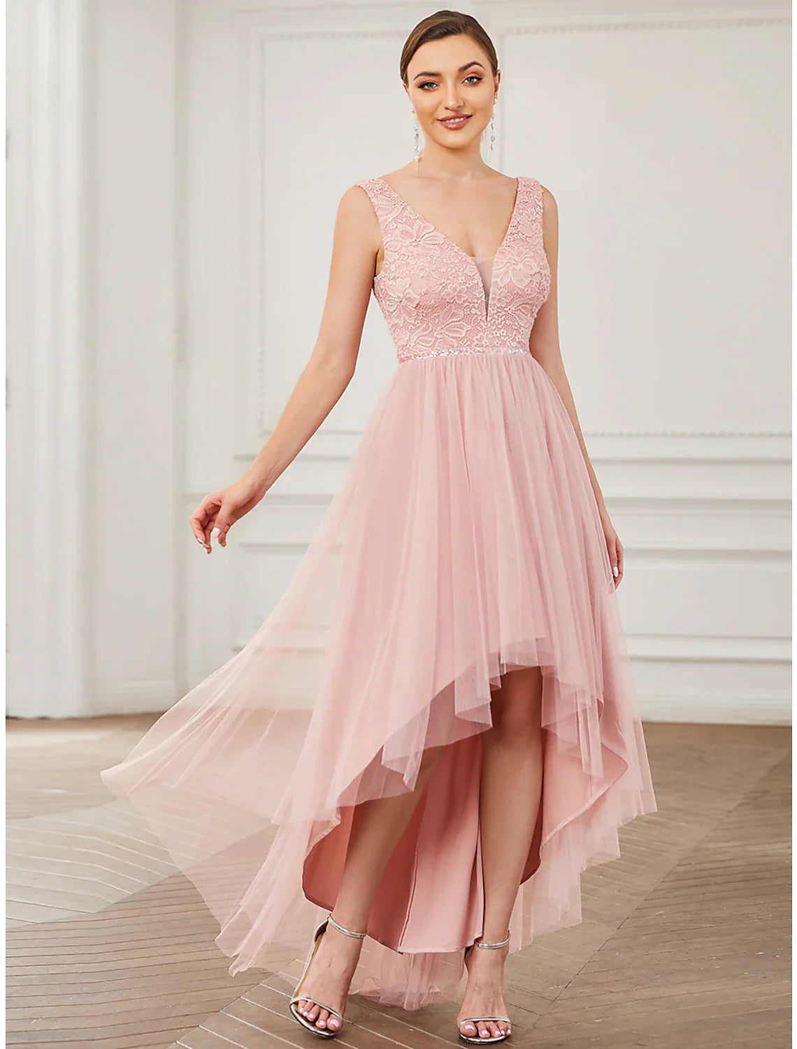 Elegant A Line Bridesmaid Dress V Neck Sleeveless Lace Tulle Mini With Draping And Ruching For Bridesmaids
