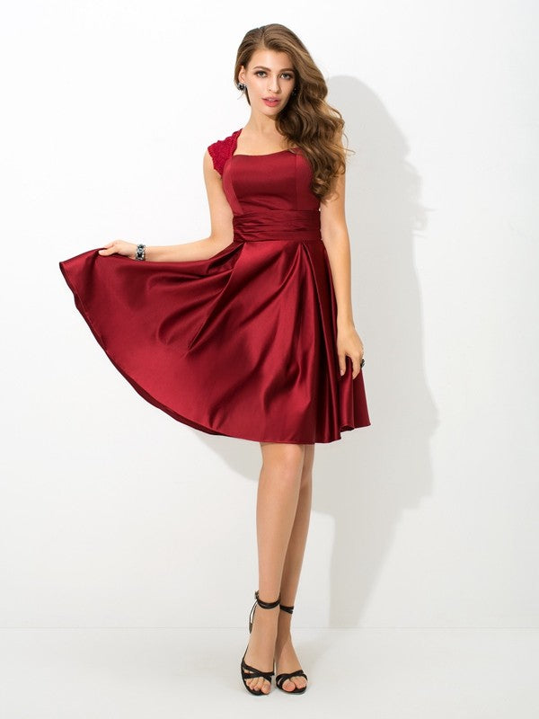 Satin Bridesmaid Dress A Line Princess Straps Pleats Sleeveless Short Elegant Gown