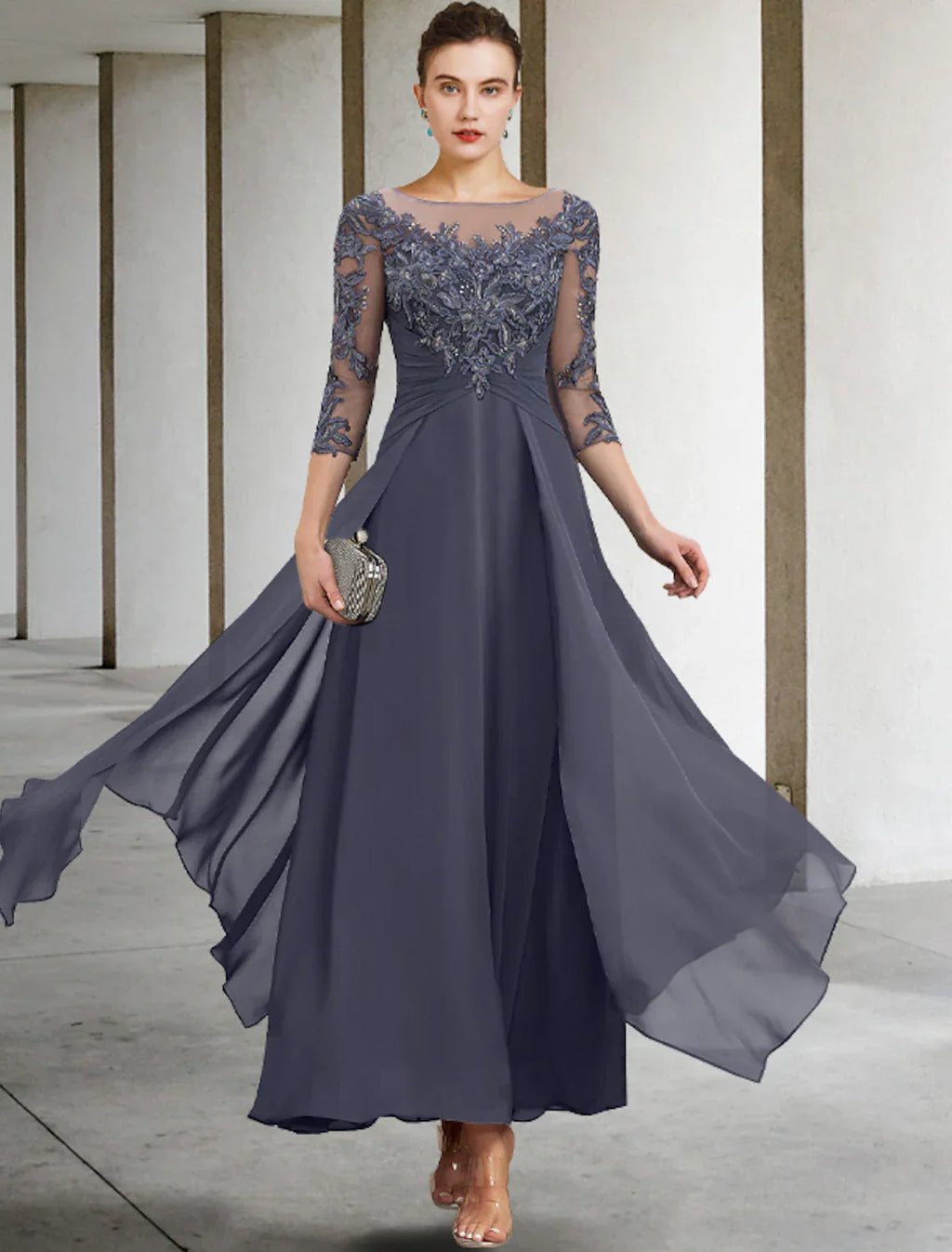 Plus Size Elegant Mother Of The Bride Dress With Appliques Chiffon Lace Sequin Three Quarter Sleeve Ruched A Line