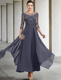 Plus Size Elegant Mother Of The Bride Dress With Appliques Chiffon Lace Sequin Three Quarter Sleeve Ruched A Line