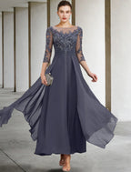 Plus Size Elegant Mother Of The Bride Dress With Appliques Chiffon Lace Sequin Three Quarter Sleeve Ruched A Line