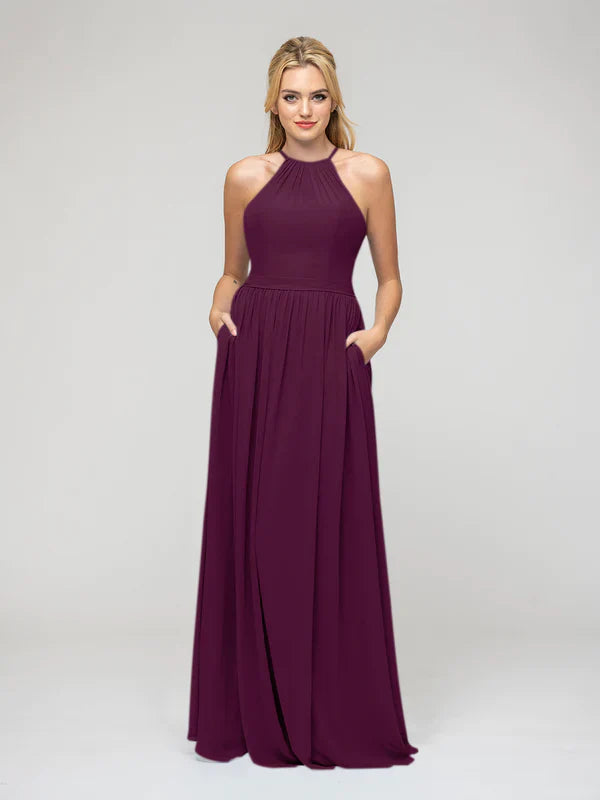Bridesmaid Dress For Bridesmaids With Pleated Bodice Chiffon Halter And A Line Silhouette