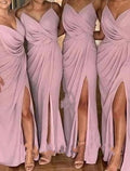 Bridesmaids Dress Sheath V Neck Spaghetti Strap Stretch Chiffon With Brush Train Front Split For Bridesmaids