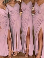 Bridesmaids Dress Sheath V Neck Spaghetti Strap Stretch Chiffon With Brush Train Front Split For Bridesmaids