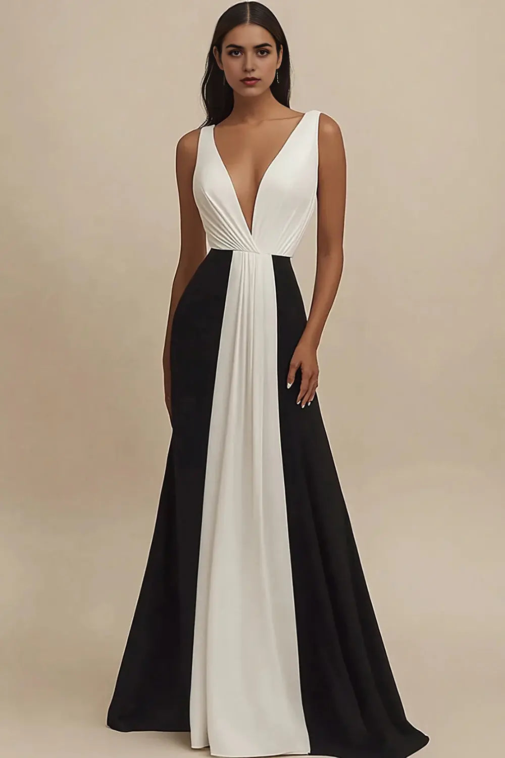 A Line Black And White Evening Dress With Deep V Neck And Wide Shoulder Straps For Glamorous Galas And Weddings