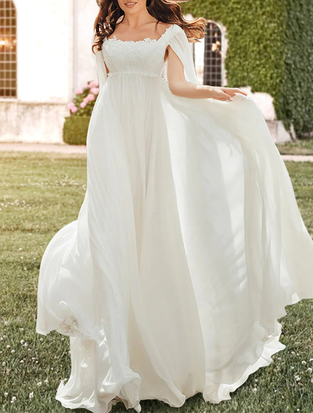 Elegant A Line Wedding Dress With Square Neck Sleeveless Chiffon Train Pleated Appliques For Brides