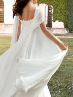 Elegant A Line Wedding Dress With Square Neck Sleeveless Chiffon Train Pleated Appliques For Brides