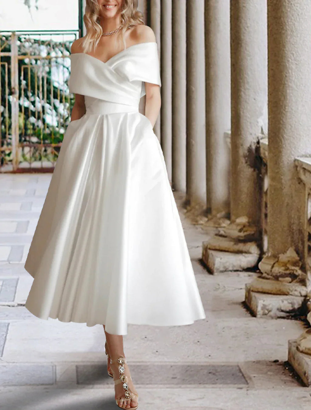 Little White Wedding Dress For Reception Elegant A Line Satin Tea Length Gown With Pleats For Brides