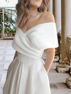 Little White Wedding Dress For Reception Elegant A Line Satin Tea Length Gown With Pleats For Brides