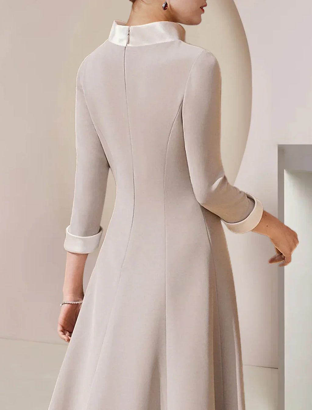 Mother Of The Bride Dress Satin A Line With High Neck Asymmetrical Tea Length Three Quarter Sleeve Crystal Bow Brooch