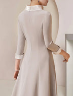 Mother Of The Bride Dress Satin A Line With High Neck Asymmetrical Tea Length Three Quarter Sleeve Crystal Bow Brooch