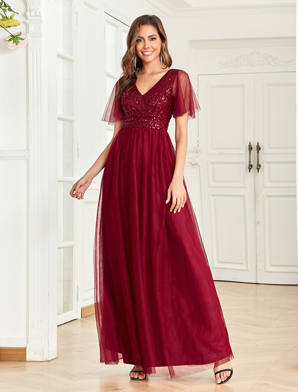 A-Line Party Dresses Empire Dress Party Wear Floor Length Short Sleeve V Neck Tulle V Back with Glitter Sequin