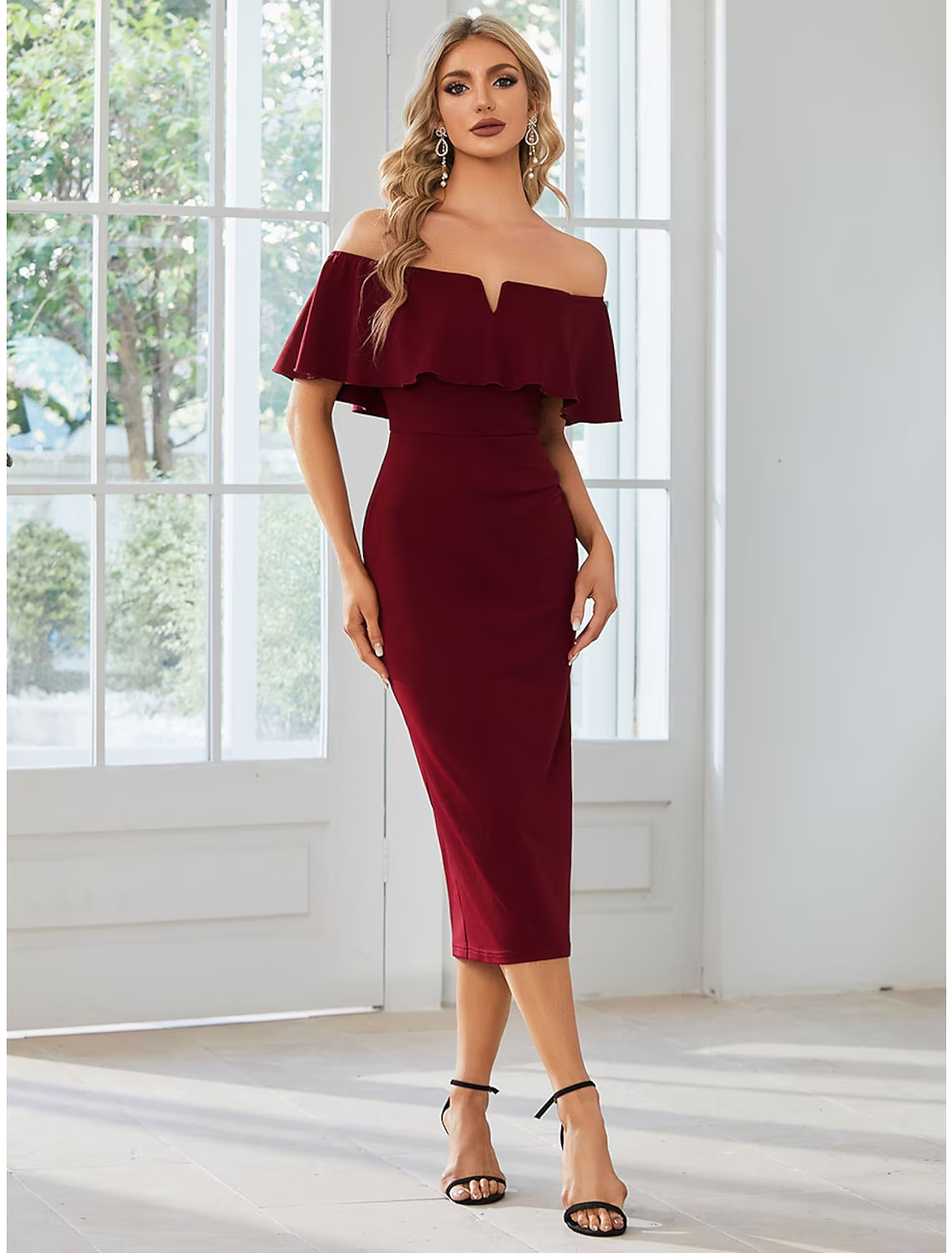 Wedding Guest Dresses Dress Party Wear Tea Length Short Sleeve Off Shoulder Stretch Fabric with Slit
