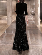 Mother Of The Bride Dress Elegant Sequined Velvet Floor Length Petite V Neck Half Sleeve Buttons