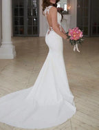 Elegant Mermaid Lace Wedding Dress With Illusion Neck Chapel Train Button Appliques For Brides