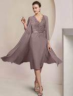 Mother Of The Bride Dress Two Piece Sheath Chiffon Lace With Appliques Crystal Brooch V Neck Knee Length Elegant