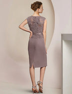 Mother Of The Bride Dress Two Piece Sheath Chiffon Lace With Appliques Crystal Brooch V Neck Knee Length Elegant