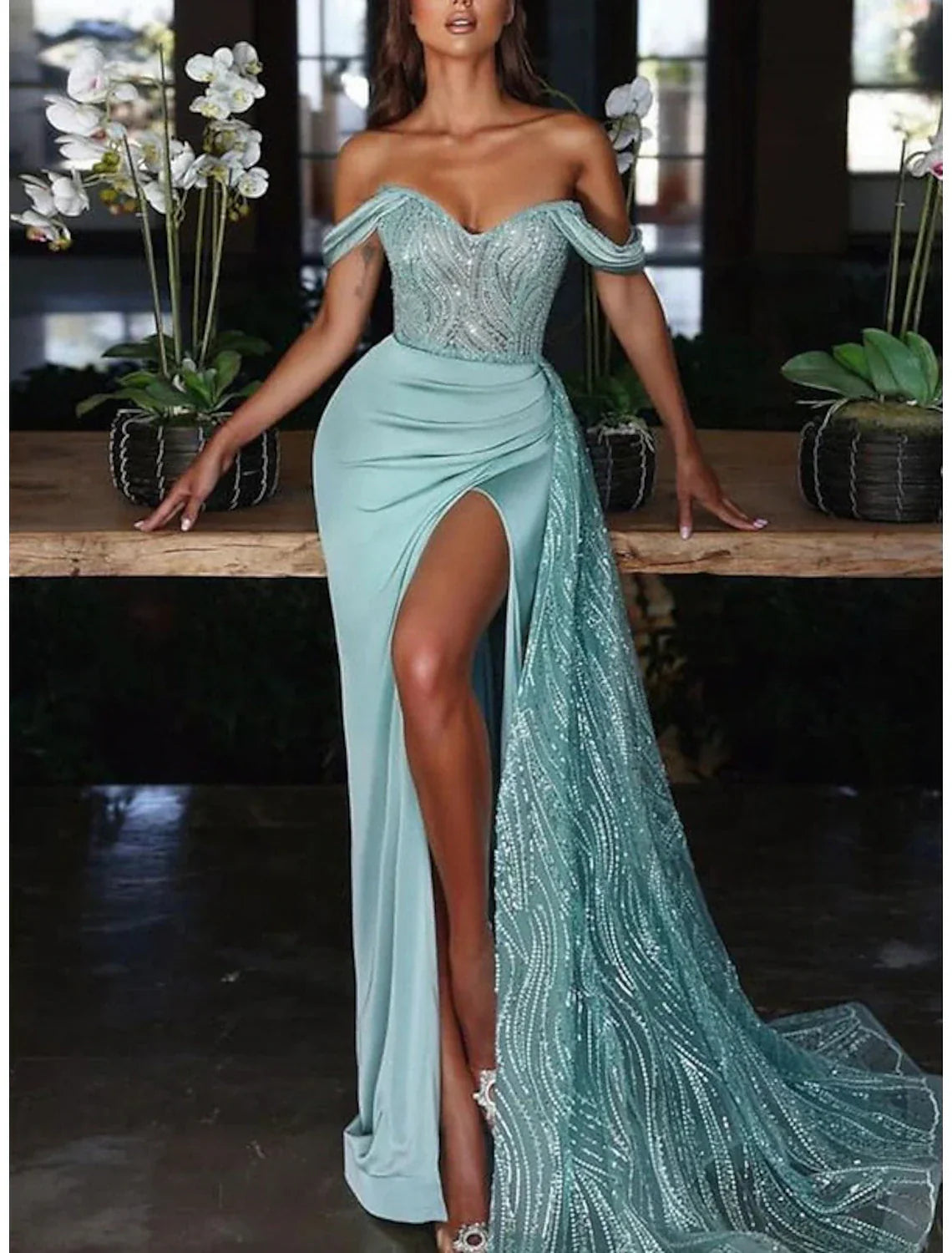 Mermaid Trumpet Evening Gown Glamorous Off Shoulder Ruched Sequin Charmeuse For Wedding Guests