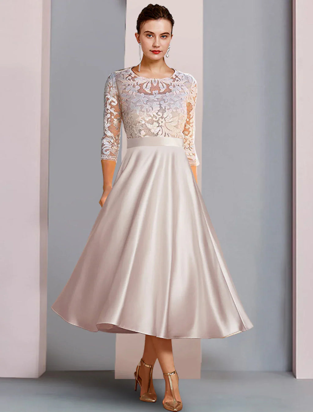 Mother Of The Bride Dress A Line Satin Lace Tea Length With Appliques Three Quarter Sleeve Elegant Evening Wear