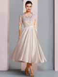 Mother Of The Bride Dress A Line Satin Lace Tea Length With Appliques Three Quarter Sleeve Elegant Evening Wear