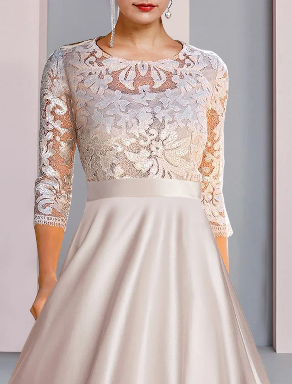 Mother Of The Bride Dress A Line Satin Lace Tea Length With Appliques Three Quarter Sleeve Elegant Evening Wear