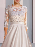 Mother Of The Bride Dress A Line Satin Lace Tea Length With Appliques Three Quarter Sleeve Elegant Evening Wear