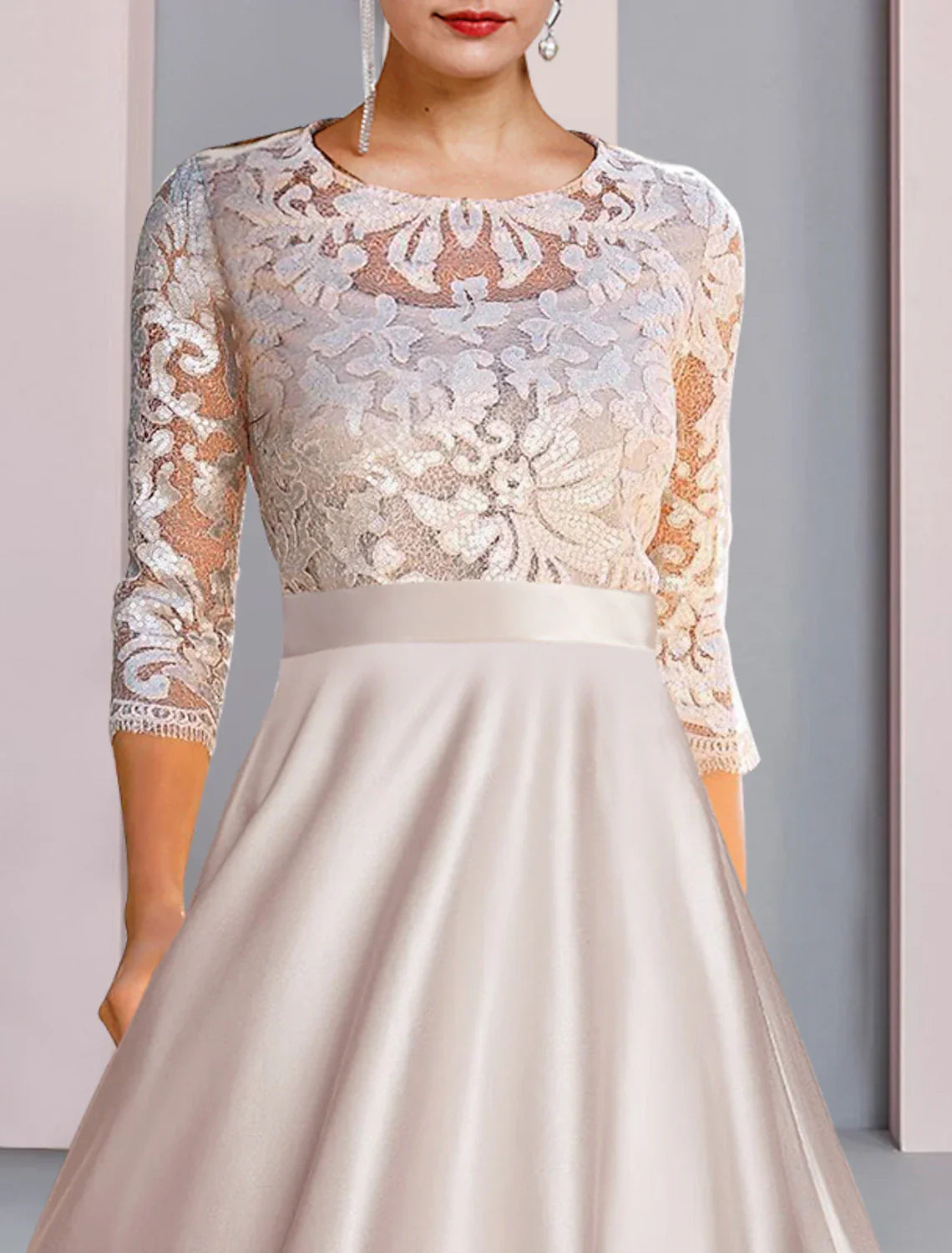 Mother Of The Bride Dress A Line Satin Lace Tea Length With Appliques Three Quarter Sleeve Elegant Evening Wear