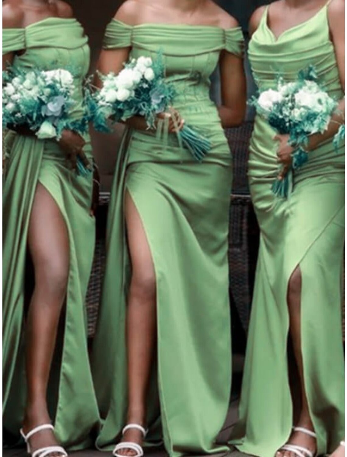 Bridesmaid Dress Sheath Silhouette V Neck Off Shoulder Split Front Charmeuse With Sweep Train For Bridesmaids